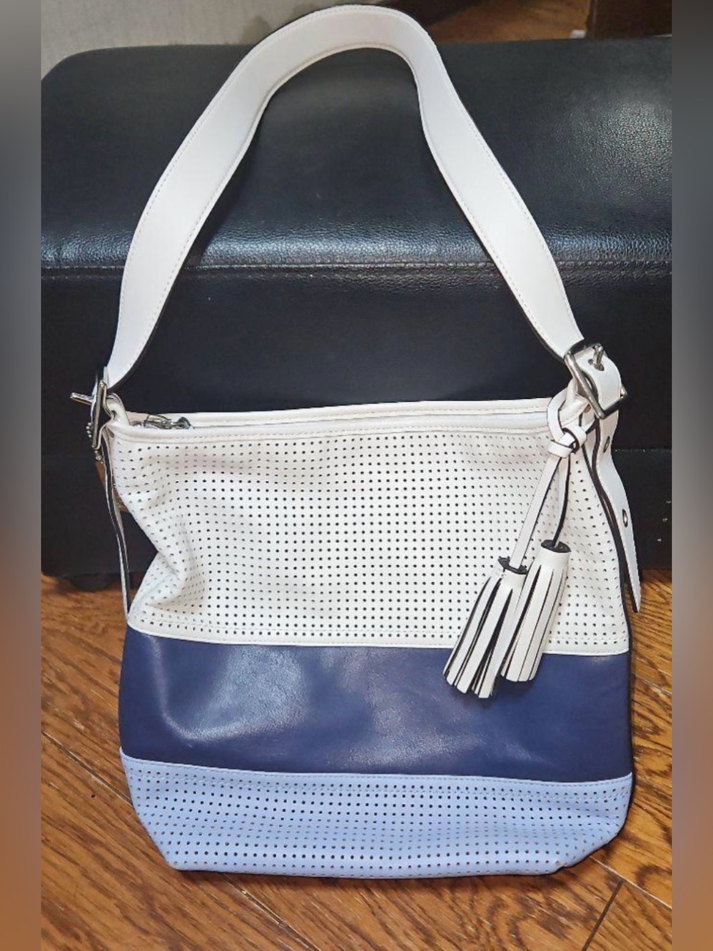 Coach Legacy Perforated Leather Rugby Stripe Duffle Bag EUC
